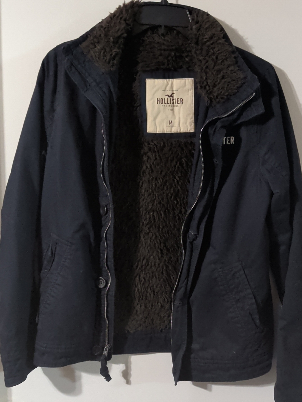 Hollister Men's Dark Navy Jacket with Brown Sherpa Lining